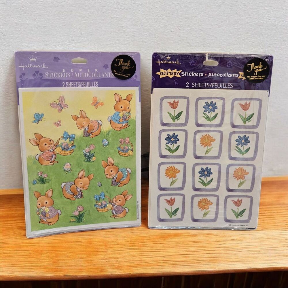 NEW Vintage Hallmark Glitter Stickers Bunny Rabbits Easter Egg Hunting & Flowers